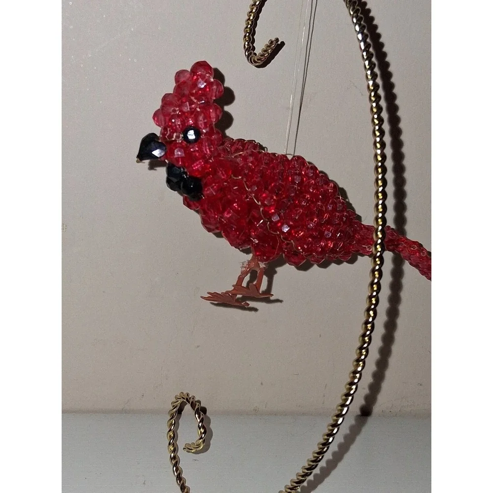 Vintage Handmade Red Beaded Cardinal Bird Ornament 7